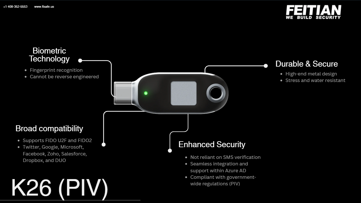 BioPass FIDO2 FIDO U2F with PIV Biometric Fingerprint USB-C Security Key | K26-PIV