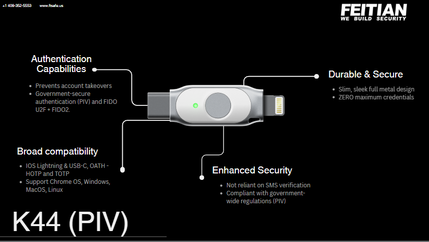 iePass FIDO2 FIDO U2F USB-C MFi + iOS Lightning Security Key with PIV | K44