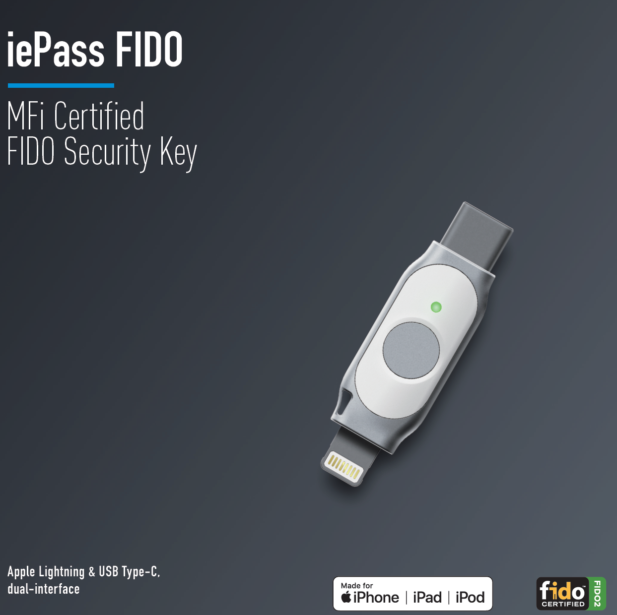 iePass FIDO2 FIDO U2F USB-C MFi + iOS Lightning Security Key with PIV | K44